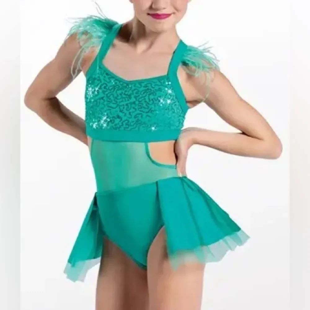 WEISSMAN Dance Costume sassy aqua blue feather Move
D12545 XSA-extra small adult